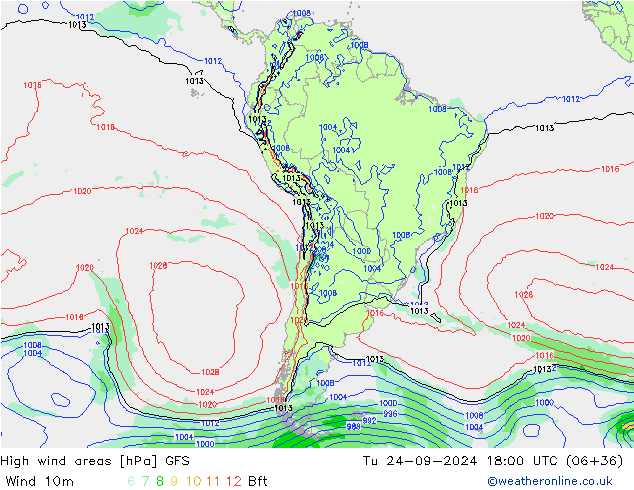 High wind areas GFS вт 24.09.2024 18 UTC