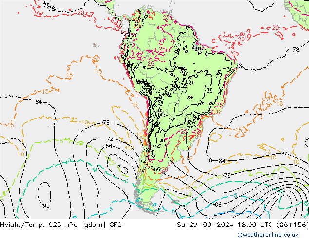 Height/Temp. 925 hPa GFS So 29.09.2024 18 UTC