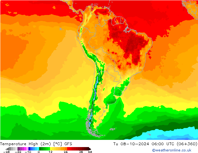 Temperature High (2m) GFS Tu 08.10.2024 06 UTC