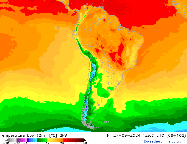 Min.temperatuur (2m) GFS vr 27.09.2024 12 UTC