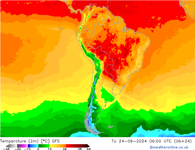 Temperatura (2m) GFS Ter 24.09.2024 06 UTC