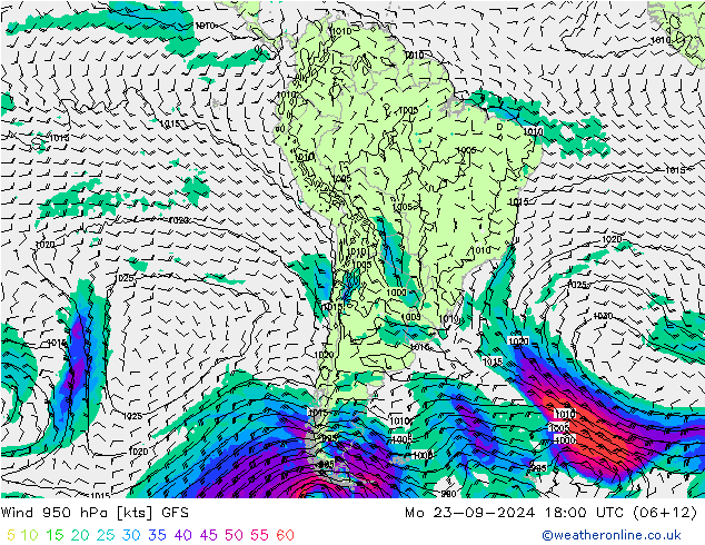 Vent 950 hPa GFS lun 23.09.2024 18 UTC