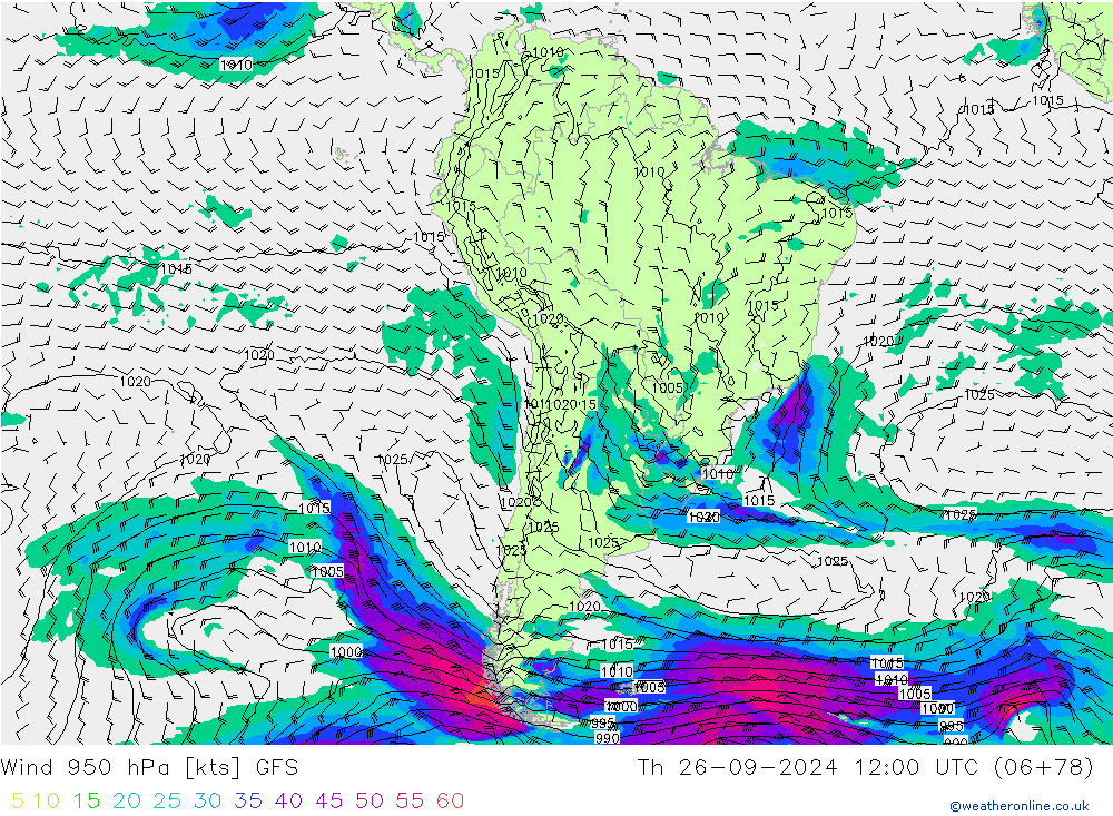 Vento 950 hPa GFS Qui 26.09.2024 12 UTC