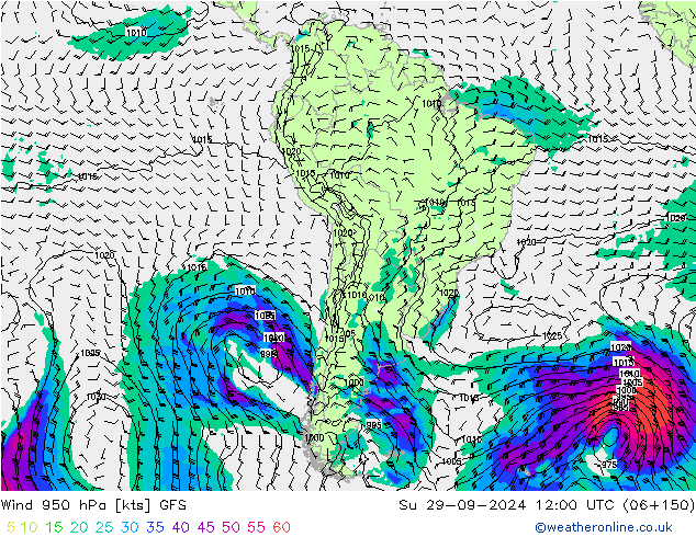 ветер 950 гПа GFS Вс 29.09.2024 12 UTC