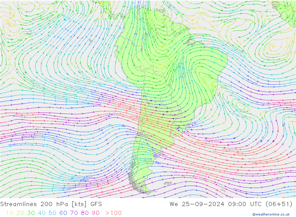 Ligne de courant 200 hPa GFS mer 25.09.2024 09 UTC