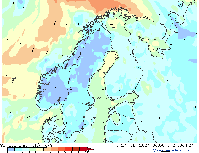 Bodenwind (bft) GFS Di 24.09.2024 06 UTC