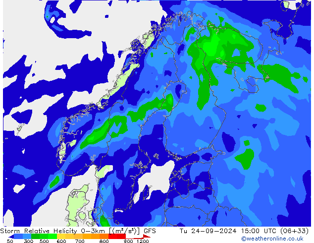 Storm Relative Helicity GFS Tu 24.09.2024 15 UTC