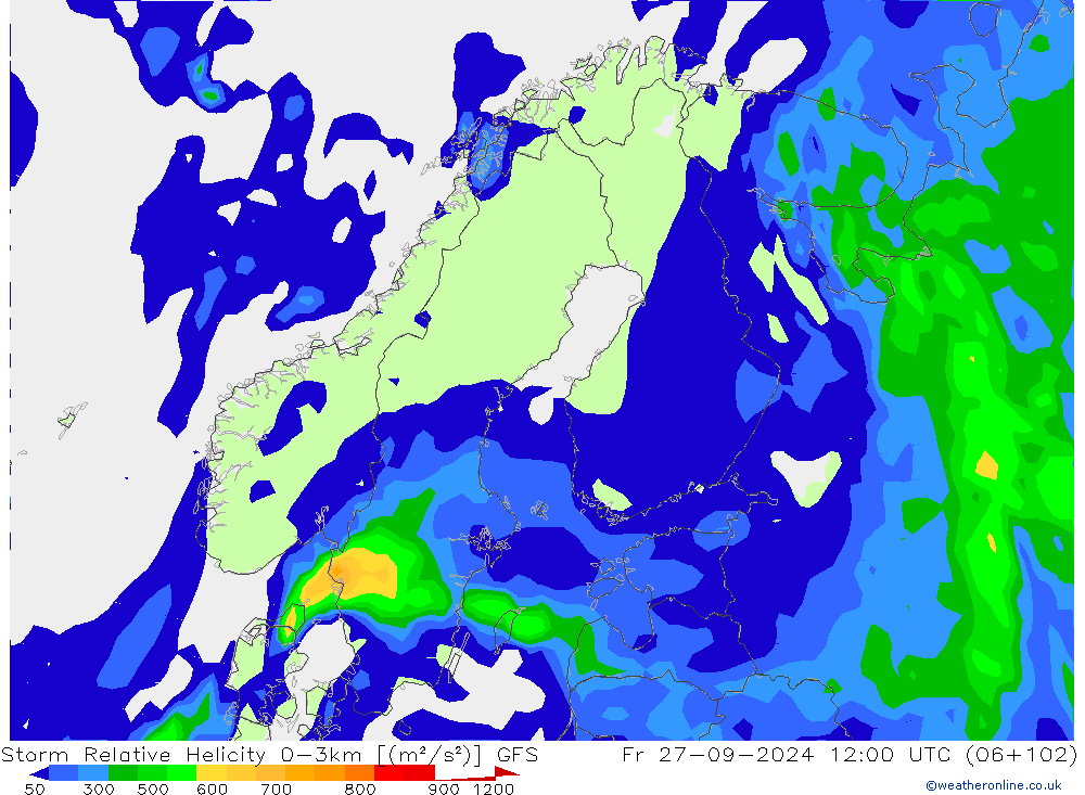 Storm Relative Helicity GFS vr 27.09.2024 12 UTC