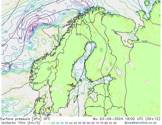 Isotachs (kph) GFS Po 23.09.2024 18 UTC