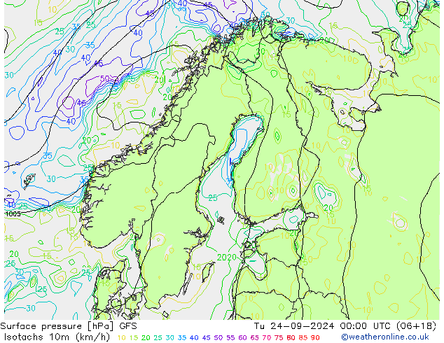 Isotachs (kph) GFS Tu 24.09.2024 00 UTC