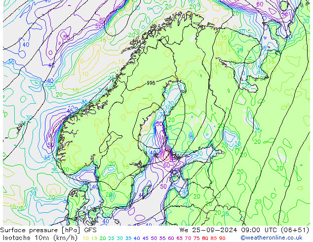 Isotachs (kph) GFS mer 25.09.2024 09 UTC