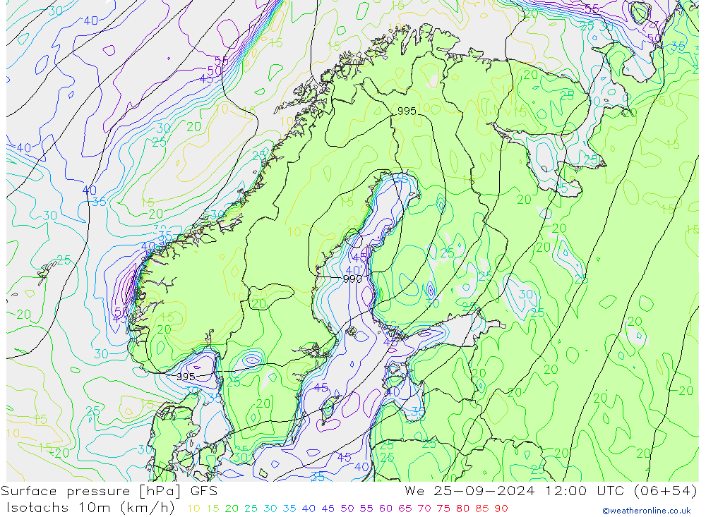 Eşrüzgar Hızları (km/sa) GFS Çar 25.09.2024 12 UTC