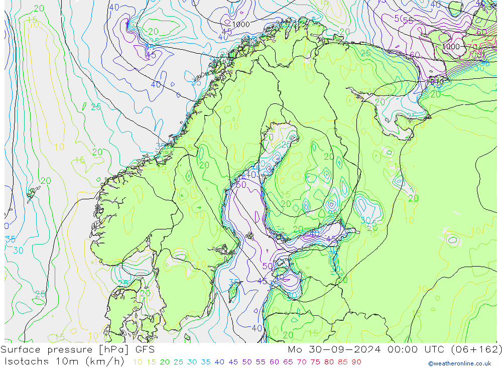 Isotaca (kph) GFS lun 30.09.2024 00 UTC