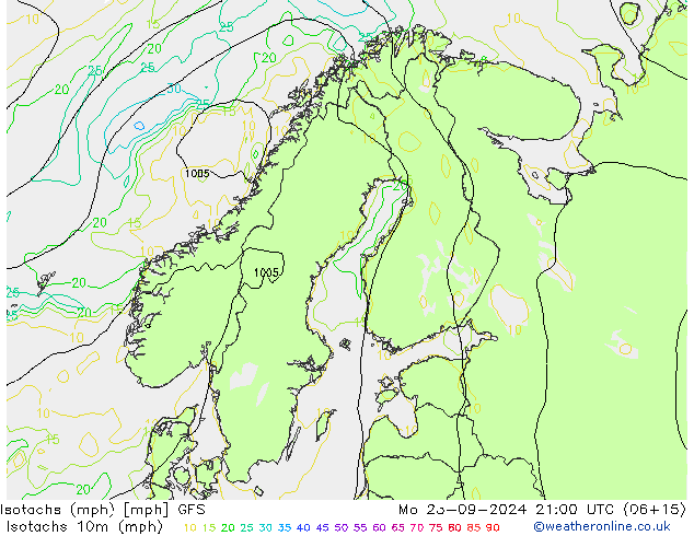 Isotachs (mph) GFS Mo 23.09.2024 21 UTC