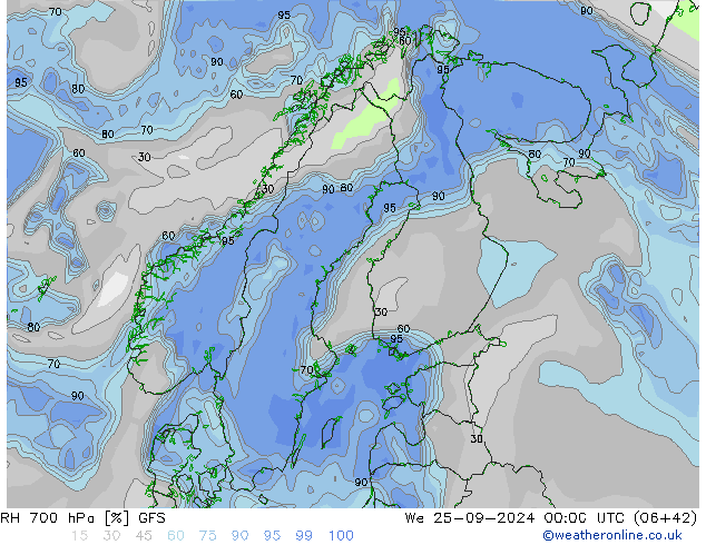 Humidité rel. 700 hPa GFS mer 25.09.2024 00 UTC