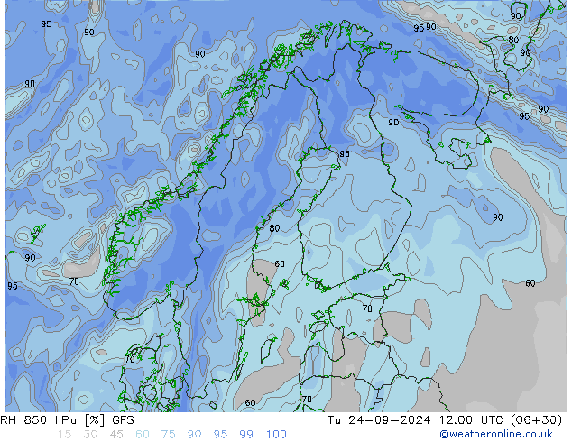 RH 850 hPa GFS Út 24.09.2024 12 UTC