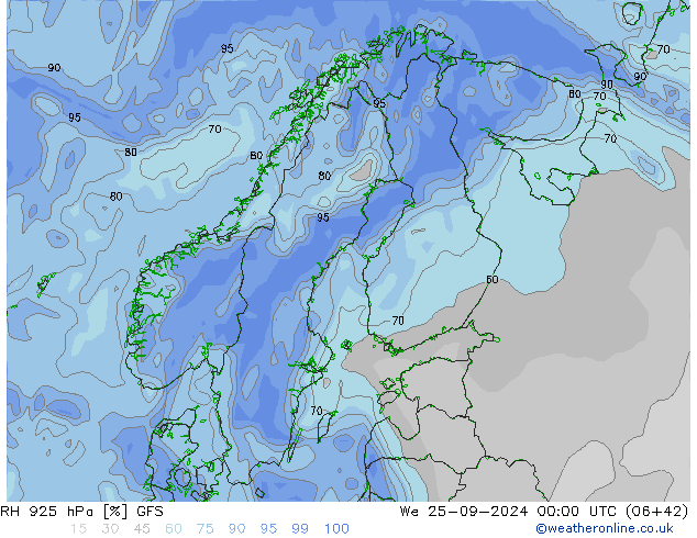 RH 925 гПа GFS ср 25.09.2024 00 UTC