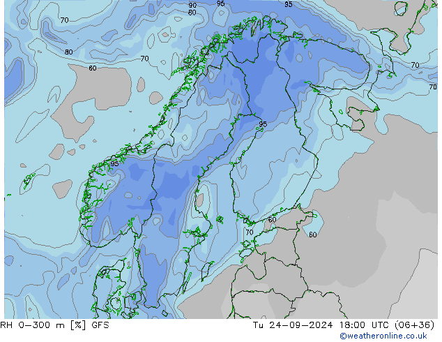 RH 0-300 m GFS Tu 24.09.2024 18 UTC