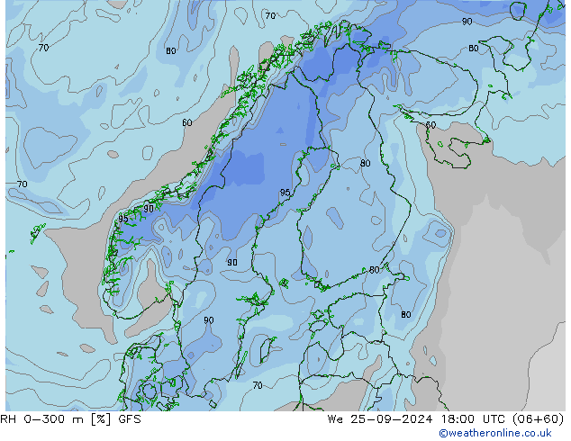 Humedad rel. 0-300m GFS mié 25.09.2024 18 UTC