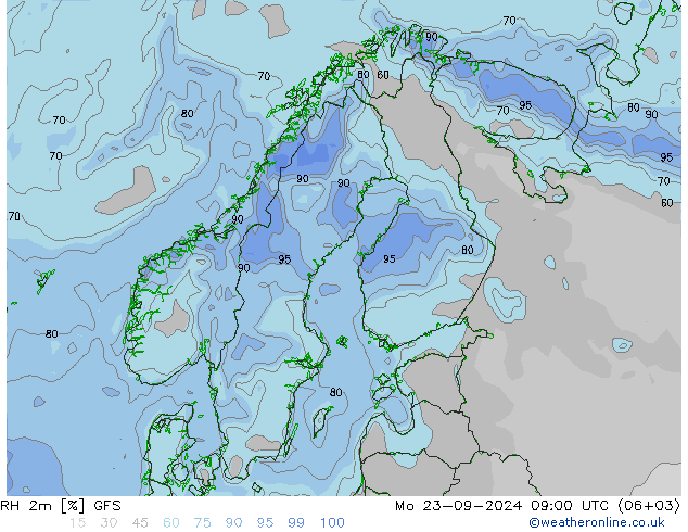 Humidité rel. 2m GFS lun 23.09.2024 09 UTC