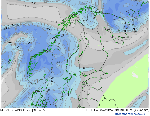 RH 3000-6000 m GFS Tu 01.10.2024 06 UTC