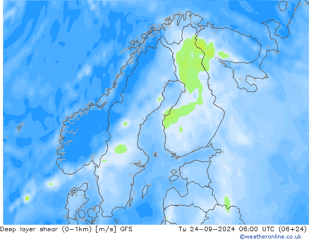 Deep layer shear (0-1km) GFS Tu 24.09.2024 06 UTC