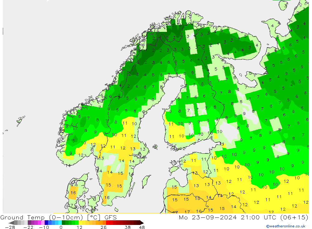 Ground Temp (0-10cm) GFS Mo 23.09.2024 21 UTC