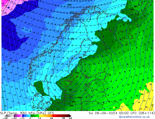 SLP/Temp. 850 hPa GFS  28.09.2024 00 UTC