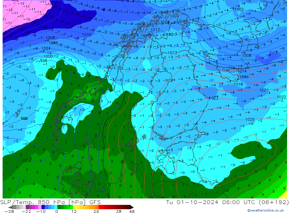 850 hPa Yer Bas./Sıc GFS Sa 01.10.2024 06 UTC