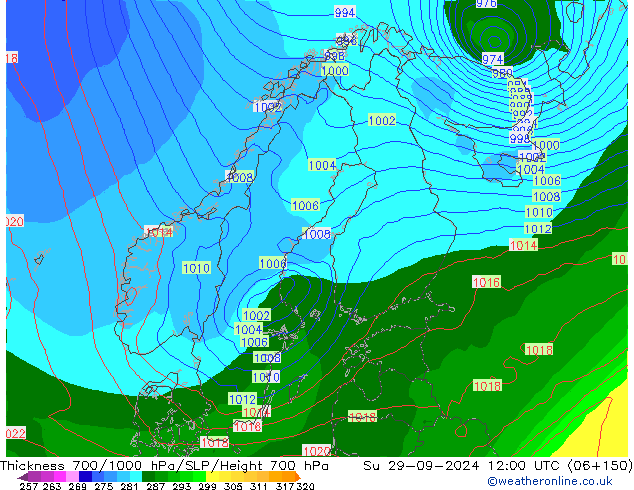 Thck 700-1000 hPa GFS Su 29.09.2024 12 UTC