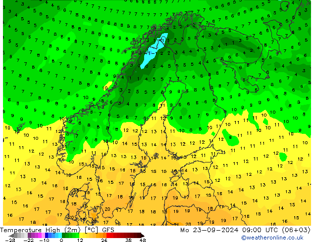 Nejvyšší teplota (2m) GFS Po 23.09.2024 09 UTC