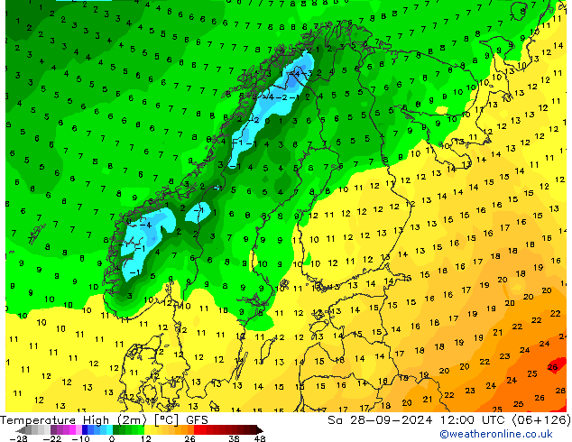 Temperature High (2m) GFS Sa 28.09.2024 12 UTC