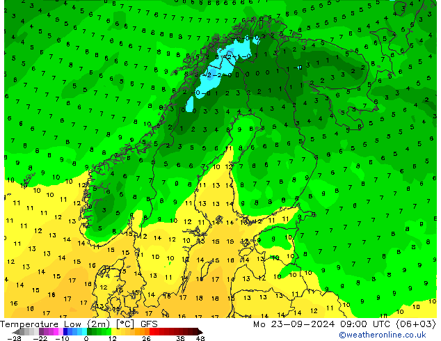 Temperature Low (2m) GFS Mo 23.09.2024 09 UTC