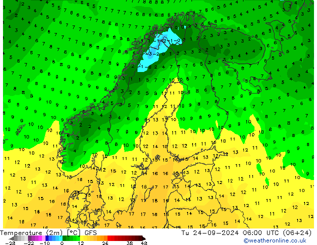 Temperature (2m) GFS Tu 24.09.2024 06 UTC