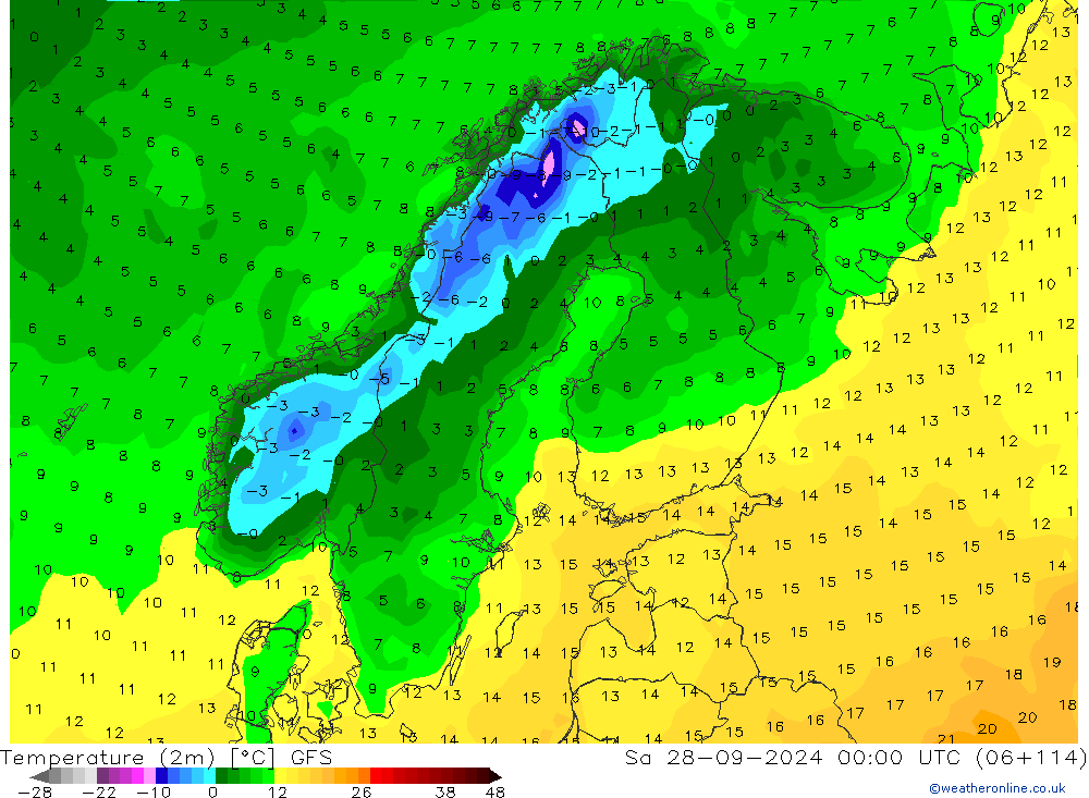 Temperatura (2m) GFS sáb 28.09.2024 00 UTC