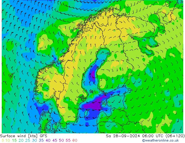 Vento 10 m GFS sab 28.09.2024 06 UTC