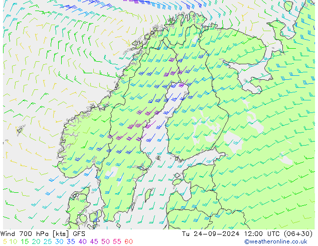 wiatr 700 hPa GFS wto. 24.09.2024 12 UTC