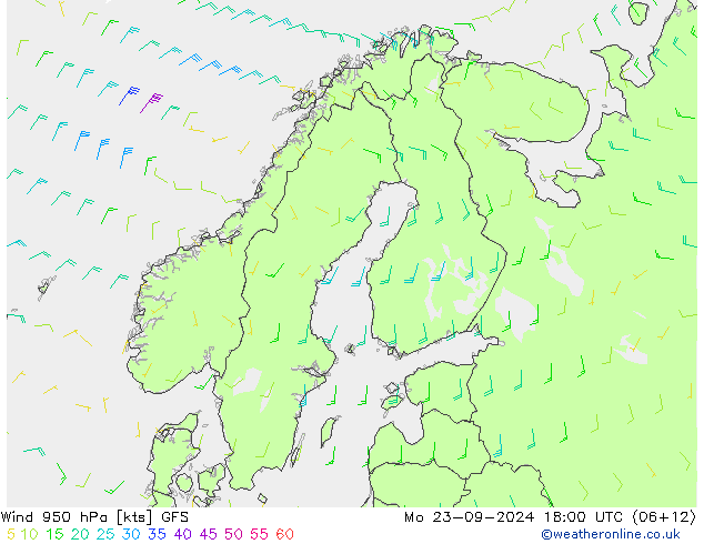 wiatr 950 hPa GFS pon. 23.09.2024 18 UTC