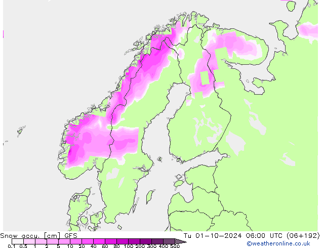 Глубина снега GFS вт 01.10.2024 06 UTC