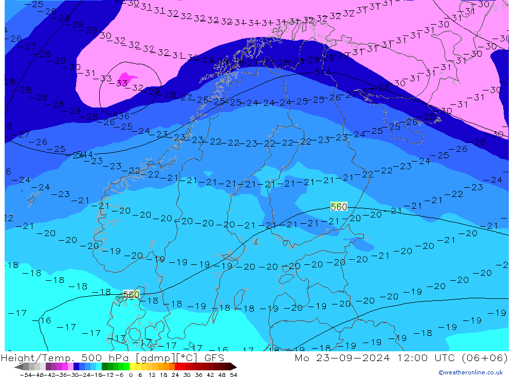 Height/Temp. 500 hPa GFS Mo 23.09.2024 12 UTC