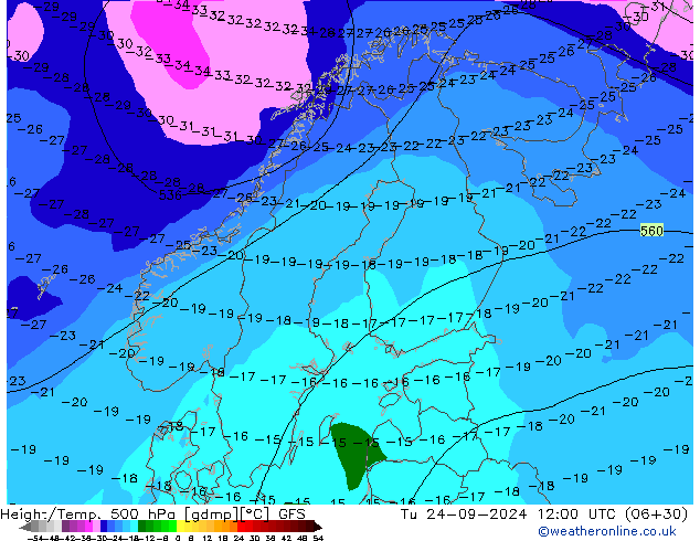 Height/Temp. 500 hPa GFS wto. 24.09.2024 12 UTC