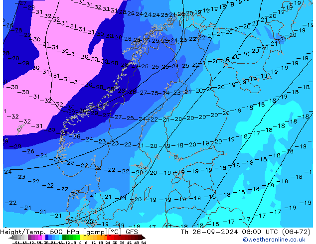 Z500/Rain (+SLP)/Z850 GFS Čt 26.09.2024 06 UTC