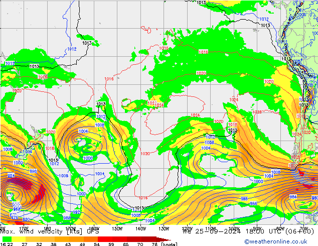 Max. wind velocity GFS śro. 25.09.2024 18 UTC