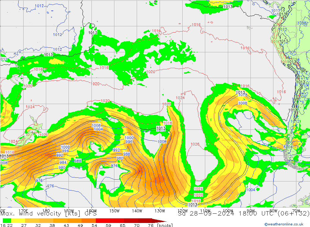 Max. wind velocity GFS sáb 28.09.2024 18 UTC