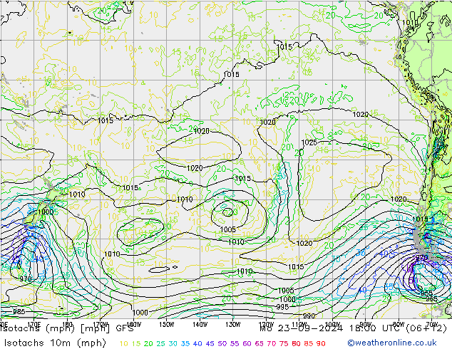 Isotachs (mph) GFS Mo 23.09.2024 18 UTC