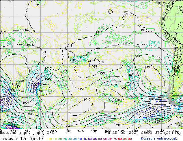 Isotaca (mph) GFS mié 25.09.2024 06 UTC