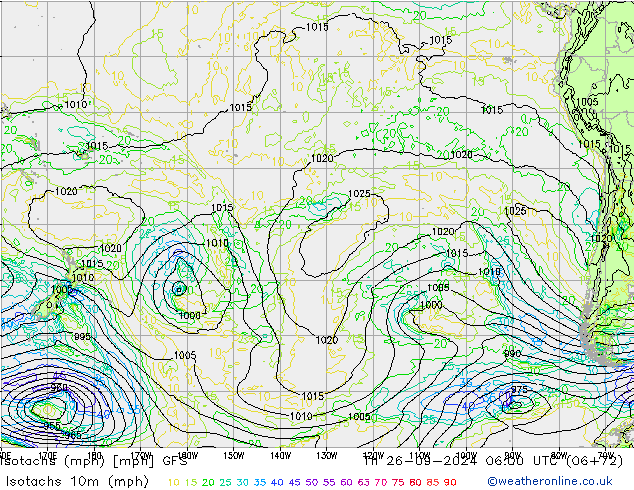 Isotachs (mph) GFS gio 26.09.2024 06 UTC