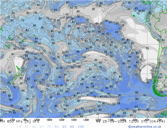 RH 850 hPa GFS We 25.09.2024 12 UTC