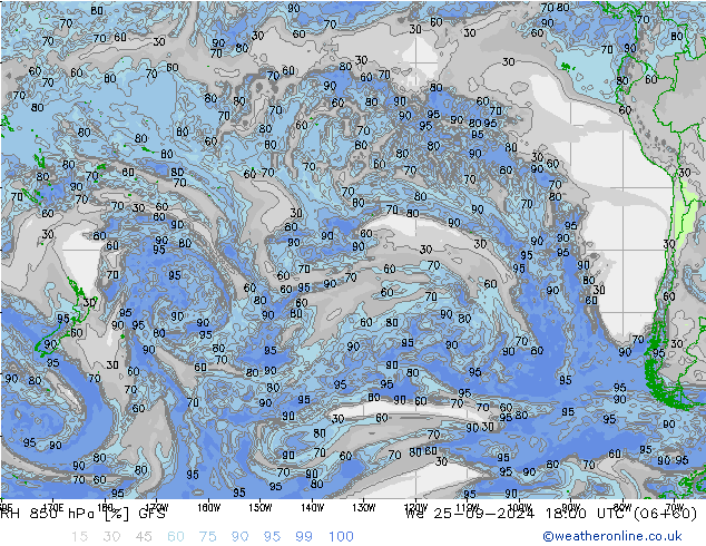 Humidité rel. 850 hPa GFS mer 25.09.2024 18 UTC