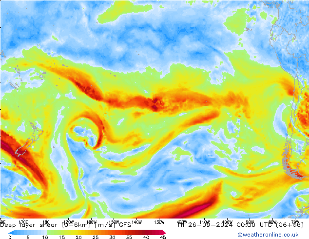 Deep layer shear (0-6km) GFS Čt 26.09.2024 00 UTC